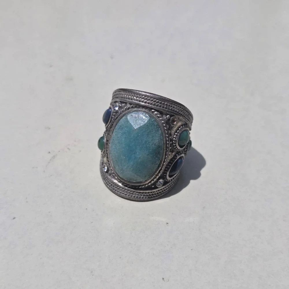 Vintage 925 Sterling Silver Mixed Stone Boho Statement Ring Size 7.25 Blue Green